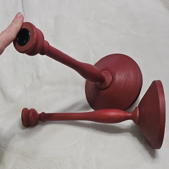 Red Matte Accents Wooden Candle Holders with Turned Design - Picture 3 of 3